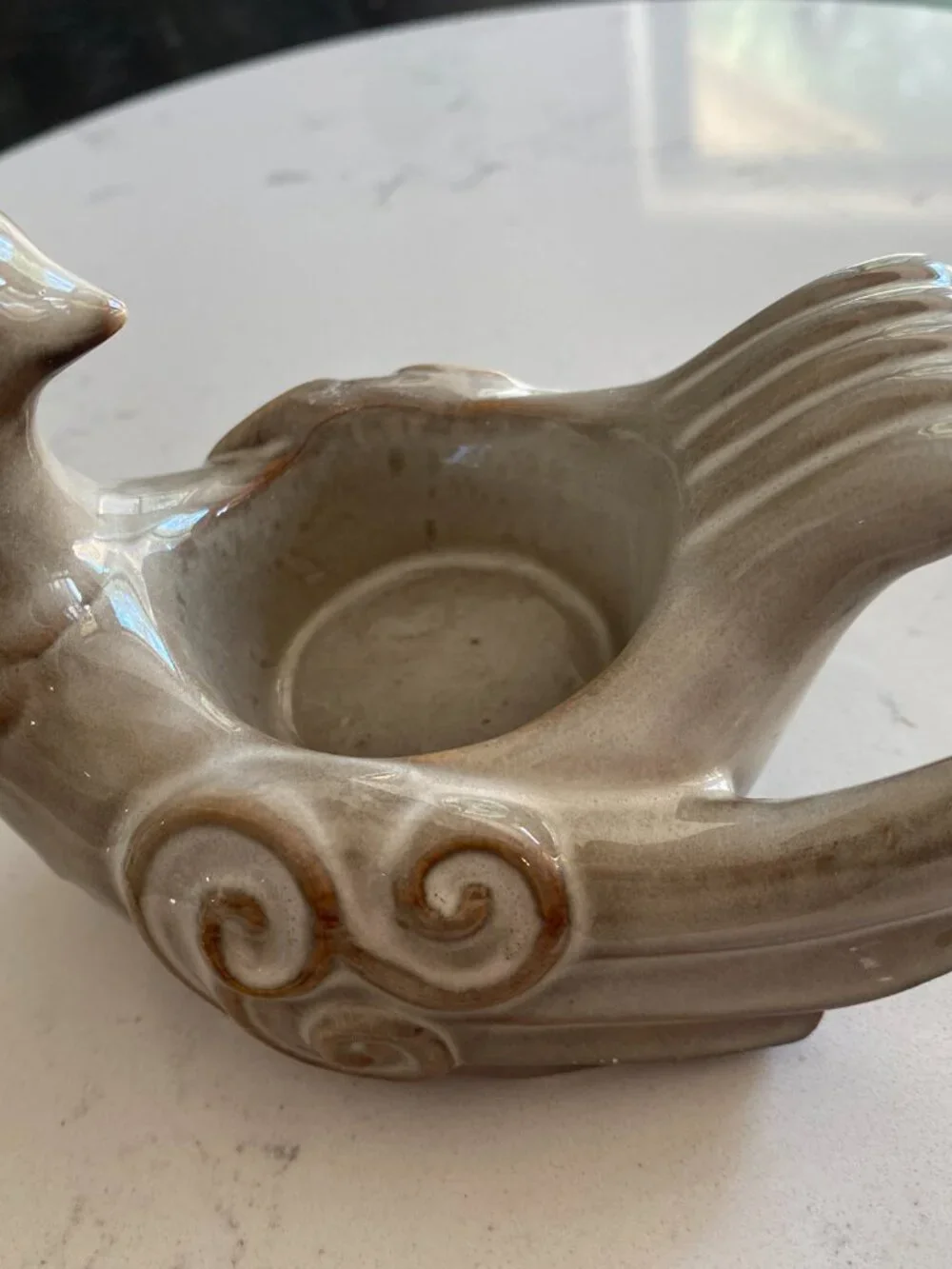 Vintage Ceramic Dove Bird Trinket Dish Candle Holder Drip Glaze Scroll Design